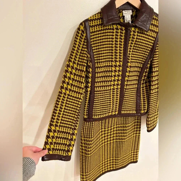 VTG PHILOSOPHY DI ALBERTA FERRETTI Wool houndstooth leather Skirt Jacket Set S - Picture 8 of 16